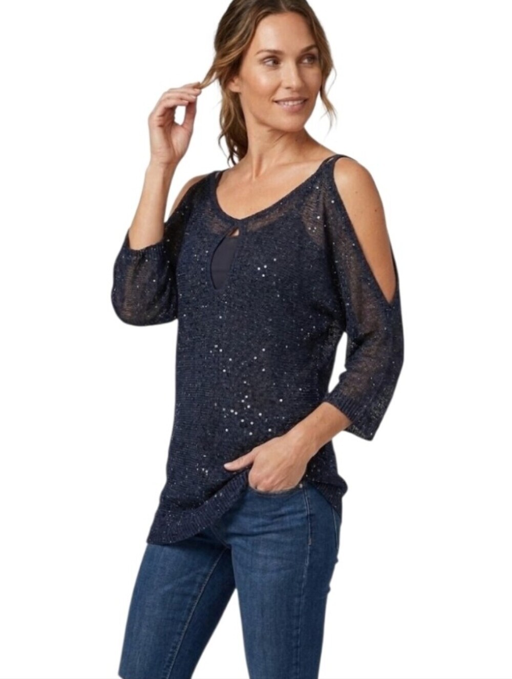 Boston Proper Mesh Sequin Slit Arm Keyhole Front Top